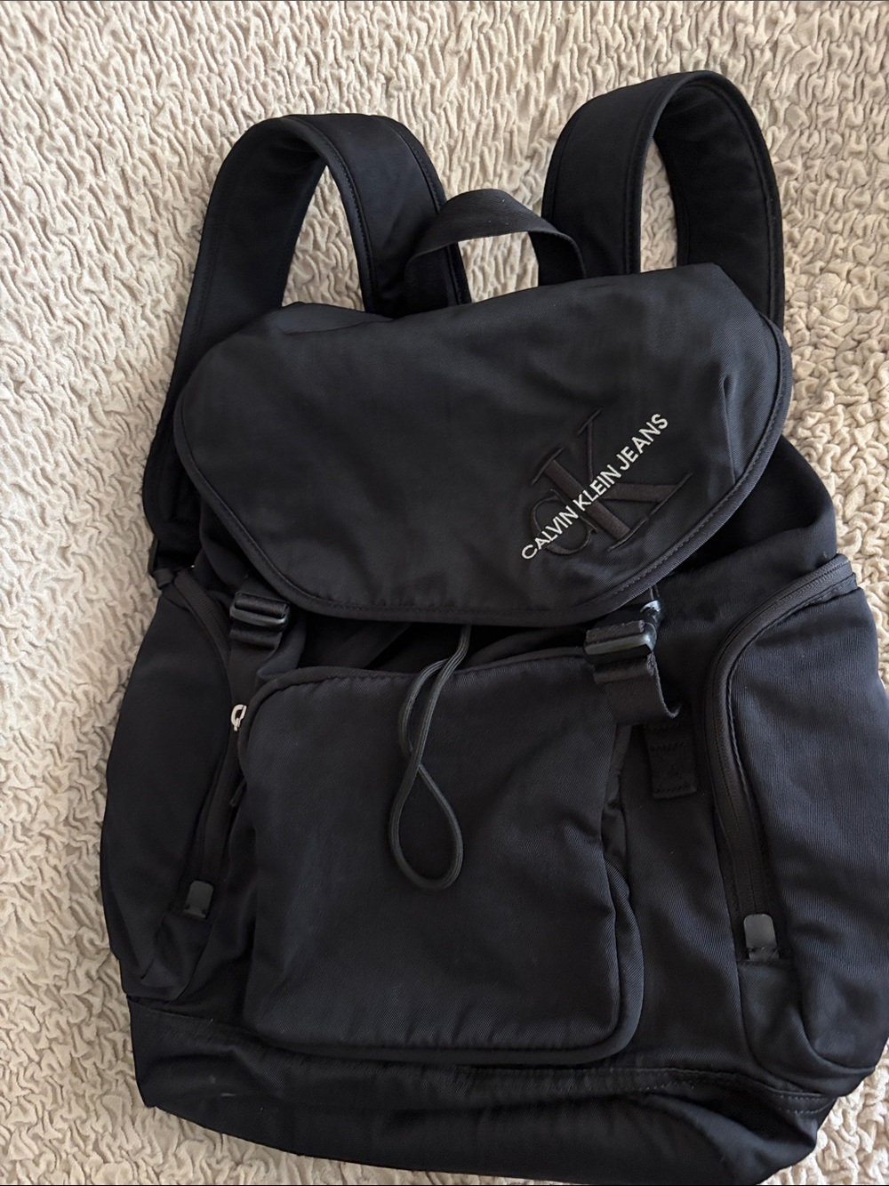 Calvin Klein Jeans Black Nylon Backpack with Front Flap and Logo